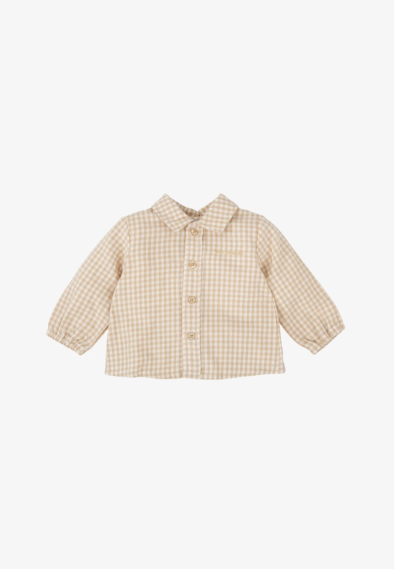 Camisa de cuadros en beige y blanco de manga larga con cuello y cierre de botones en la parte delantera. Textura suave y con elástico recogido en los puños.