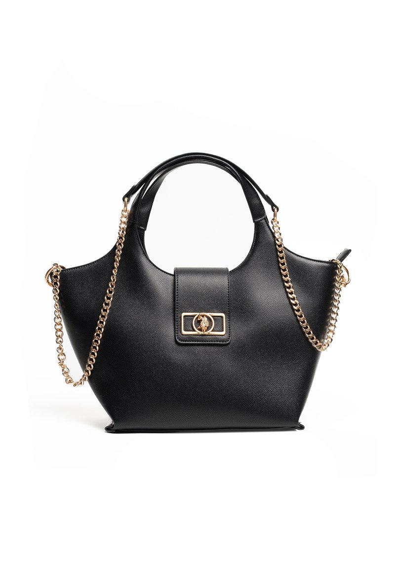 Borsa a tracolla in ecopelle nera con forma strutturata, dettagli in catena dorata e patta frontale con chiusura rettangolare. Texture liscia e finitura lucida.