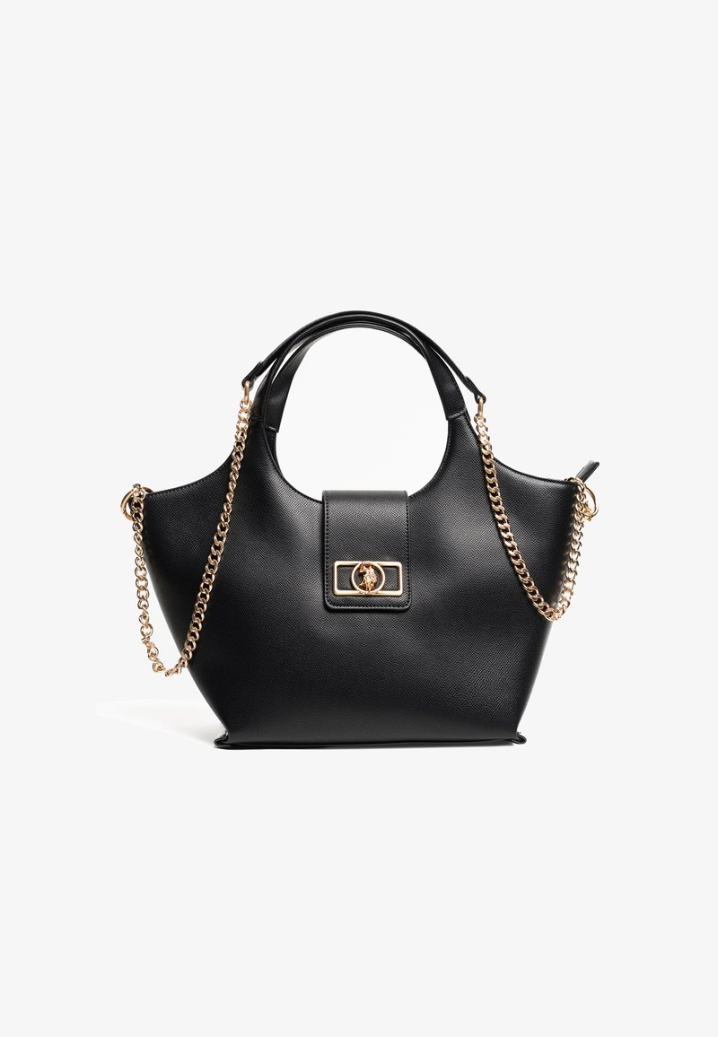 Borsa a tracolla in ecopelle nera con forma strutturata, dettagli in catena dorata e patta frontale con chiusura rettangolare. Texture liscia e finitura lucida.