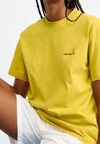 Keltainen puuvillapaita, jossa on pyöreä kaula-aukko. Vasemmalla rinnalla pieni punainen brodeerattu "Carhartt" -logo. Lyhyet hihat, rento malli.