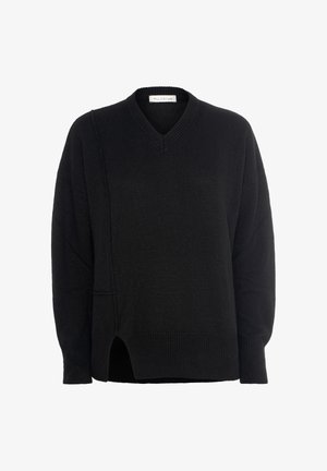 Le pull noir tricoté présente un col en V, des manches longues et des fentes sur les côtés pour plus de confort. Tissu texturé avec une coupe décontractée.