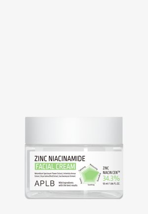 Crème visage zinc niacinamide par APLB, pot de 55 ml, mettant en avant une teneur de 34,3 % en zinc niacinamide et des bienfaits tels que l'hydratation et l'apaisement.