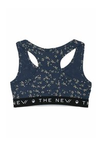 Navyblauer Sport-BH mit floralem Muster, ausgestattet mit einem Racerback-Design und einem schwarzen elastischen Band mit der Aufschrift "THE NEW". Glatte Stofftextur.