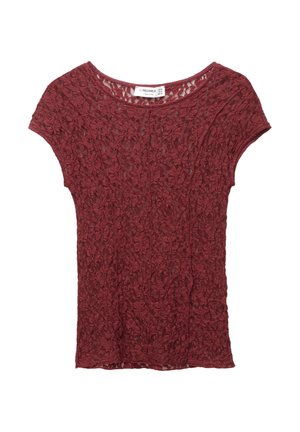 Kurzärmliges burgunderfarbenes Spitzenshirt mit floralem Muster und Rundhalsausschnitt, Größe M, hergestellt in der Türkei.