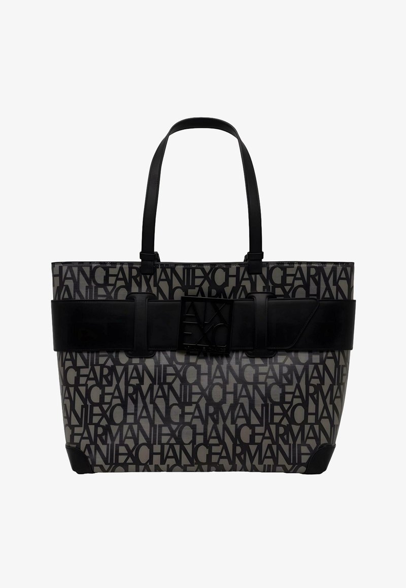 Sac cabas noir et gris avec motif répétitif "ARMANI EXCHANGE", large ceinture noire avec boucle rectangulaire, doubles bretelles.