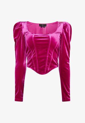 Upnuté dlouhé rukávy top s růžového sametu, se čtvercovým výstřihem, nabíranými rameny a vertikálním švem.