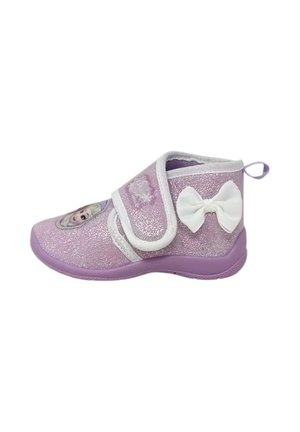 Stivaletti alla caviglia glitterati viola con una fascia bianca, caratterizzati da un'immagine di un personaggio sulla parte anteriore e un accento a fiocco bianco sul lato.