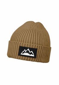Tan ribbed knit beanie with folded cuff and black patch featuring white mountain graphic on front.