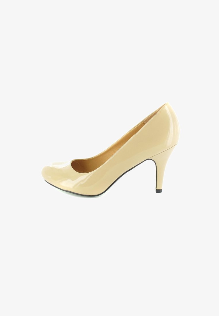 Beige high heel shoe with a glossy patent finish, rounded toe, and a slender 3-inch heel. Smooth texture with a black outsole.