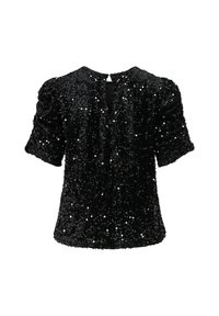 Melns top ar spīdīgām fliterēm, īsām piedurknēm, apaļu kakla izgriezumu un atslēgas cauruma aizdari aizmugurē. Gluda tekstūra ar pilnībā izrotātu virsmu.