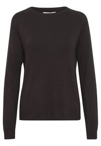 Pull noir à col rond avec de longues manches raglan. Fabriqué à partir d'un tissu lisse et doux. Présente des poignets et un ourlet côtelés pour un look ajusté.