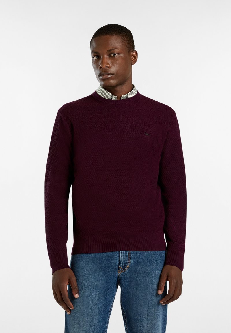 Maglione a maglia bordeaux con un motivo testurizzato, colletto rotondo e polsini a coste, indossato sopra una camicia a righe con colletto. Jeans in denim visibili.