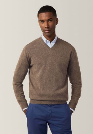 Brown v-neck sweater made of soft fabric, featuring long sleeves and ribbed cuffs, paired with a light blue striped shirt underneath.