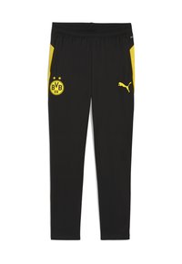 Sorte træningsbukser med gule sidestykker, Borussia Dortmund BVB 09-logo på venstre ben og gult Puma-logo på højre ben.