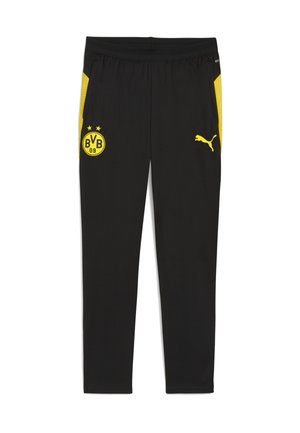 Sorte træningsbukser med gule sidestykker, Borussia Dortmund BVB 09-logo på venstre ben og gult Puma-logo på højre ben.