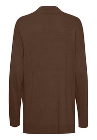 Pull en maille marron à manches longues avec poignets et ourlet côtelés, vu de dos.