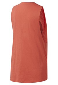 Ärmlös, bakvy av en rustik färgad linne T-shirt tillverkad av mjukt tyg med en avslappnad passform, med rund halsringning och en slät yta.