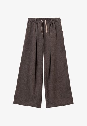 Pantalons en mélange de laine gris foncé à jambes larges avec une taille élastique et des liens de serrage beiges, dotés de poches latérales.