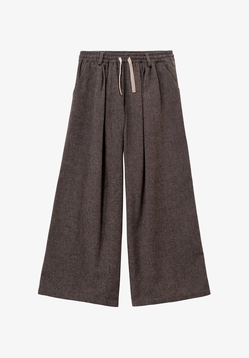 Wijde, donkergrijze broek van een wolmix met een elastische tailleband en beige trekkoorden, voorzien van zijzakken.