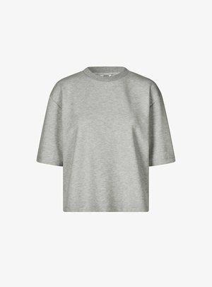 Ljusgrå kortärmad t-shirt med rund halsringning. Tillverkad av mjukt material, har den en boxig design och avslappnad passform utan några mönster.