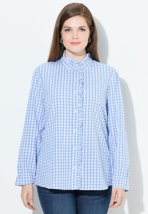 Blauw-witte ruitjes blouse met knopen, met een gerimpelde kraag en sluiting, lange mouwen en een relaxte pasvorm.