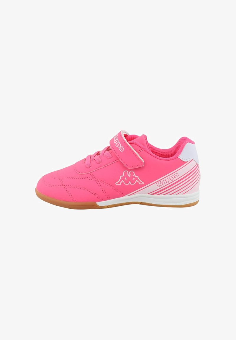 Rosa Sportschuhe mit einem glatten synthetischen Obermaterial, Gummisohle und einem Klettverschluss. Verfügt über das Kappa-Logo und weiße sowie rosafarbene Akzente an der Ferse.
