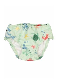 Grön simblöja med havstema och tryck av hajar, sköldpaddor och sjöstjärnor; elastisk midja och benöppningar för komfort.