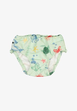 Vihreä uimahousupuku, jossa on meriteemaisia printtejä hain, kilpikonnien ja meritähtien kuvilla; joustava vyötärö ja lahkeensuut mukavuutta varten.