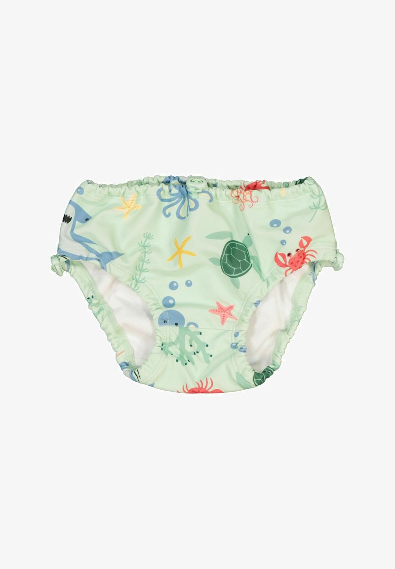 Grön simblöja med havstema och tryck av hajar, sköldpaddor och sjöstjärnor; elastisk midja och benöppningar för komfort.