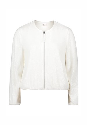 Blouson blanc avec fermeture éclair à l'avant, texture côtelée et détails en sequins discrets sur le tissu, avec des manches longues et un col rond.