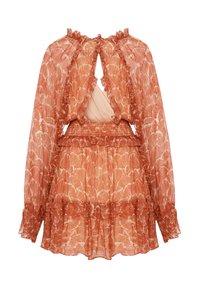 Langärmliges, rostfarbenes Kleid mit floralem Druck, gerafftem Ausschnitt und Ärmeln, offener Rückseite und gestuftem Rock mit einem gesmokten Bund.