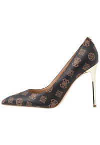 Escarpin en cuir noir à talon haut avec un bout pointu, présentant un motif géométrique marron et un accent de talon métallique doré.