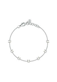 Bracciale in argento con accenti di pietre trasparenti, design della catena delicato, chiusura a granchio e lunghezza regolabile con una finitura fine e testurizzata.