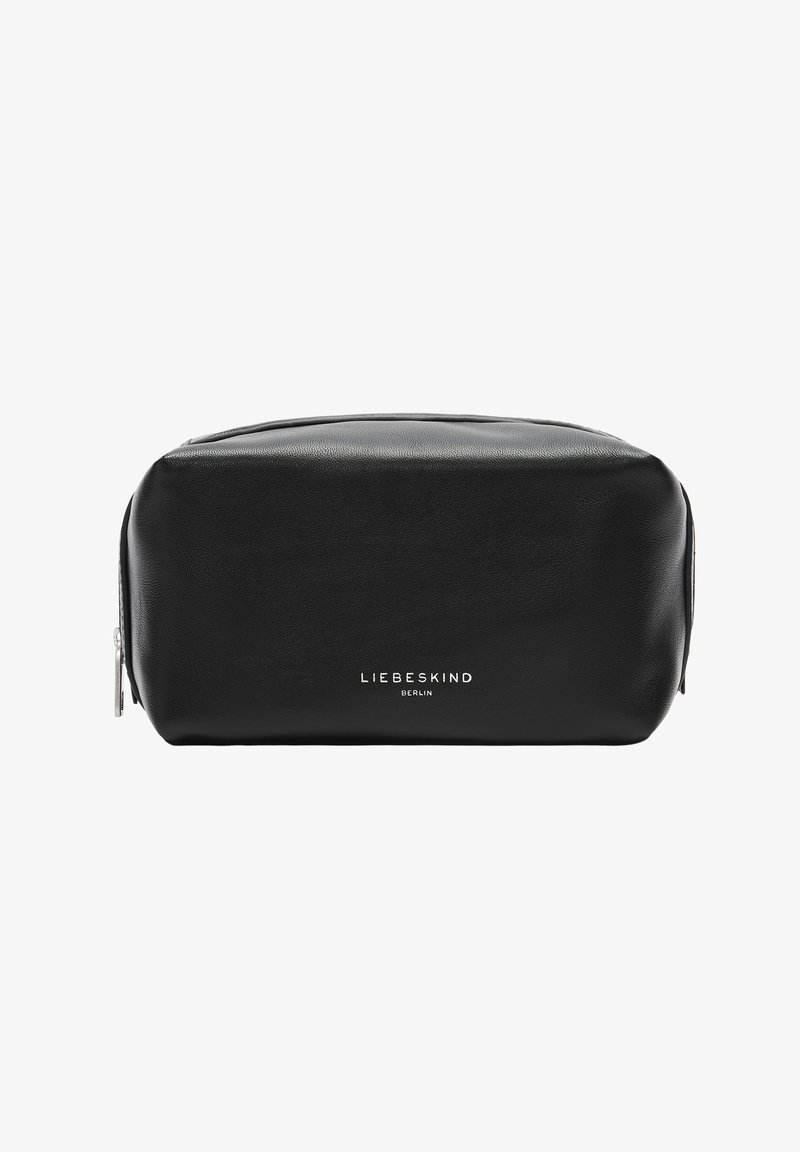 Borsa cosmetica in pelle nera con forma rettangolare arrotondata, cerniera argentata e logo "LIEBESKIND BERLIN" impresso sul davanti.