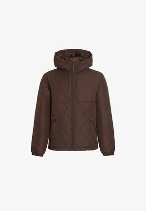 Bruine geïsoleerde jas met een ruitpatroon, voorzien van een ritssluiting aan de voorkant, een verstelbare capuchon en elastische manchetten. Twee zijzakken inbegrepen.