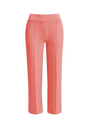 Pink straight-leg pants made from a smooth fabric; features a high waistband and vertical seam details. No pockets or additional closures.