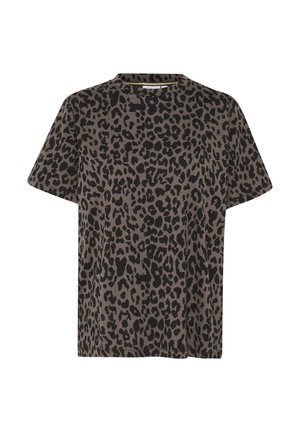Leopard print short-sleeve t-shirt in brown and black. Round neckline and relaxed fit with soft fabric texture. No visible hardware or accents.