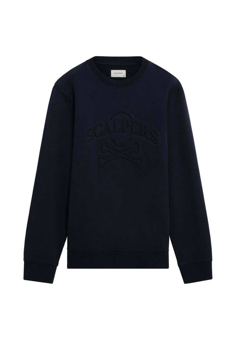 Zwarte longsleeve crewneck sweatshirt met reliëftekst "SCALPERS" en een doodskop- en kruisbeenderenontwerp op de borst.