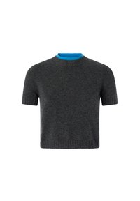 Kratki rukavi pulover od tamnosive vune, s rebrastim tirkiznim ovratnikom. Meka tekstura, prilagođen kroj, jedinstvena boja s jednostavnim dizajnom.