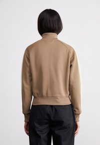 Brown sweatshirt with a high collar, ribbed hem, and contrasting beige accents on sleeves. Smooth texture, fitted design, and raglan sleeves.