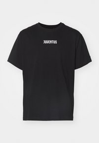 Black cotton t-shirt featuring a crew neckline and short sleeves with the text "JUVENTUS" in bold white font centered on the chest.
