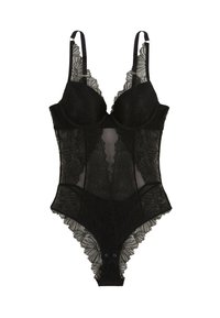 Bodysuit en dentelle noire avec un motif floral, panneaux en maille transparente, bretelles réglables, bonnets rembourrés et fermeture à pression au bas.