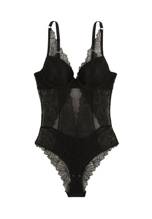 Bodysuit en dentelle noire avec un motif floral, panneaux en maille transparente, bretelles réglables, bonnets rembourrés et fermeture à pression au bas.
