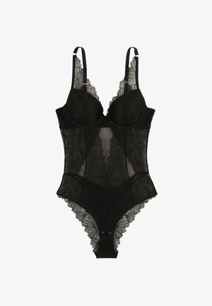 Bodysuit en dentelle noire avec un motif floral, panneaux en maille transparente, bretelles réglables, bonnets rembourrés et fermeture à pression au bas.