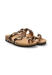 Sandalias de estampado de leopardo con dos correas ajustables, plantilla de corcho y suela de goma negra; superficie lisa con textura suave.