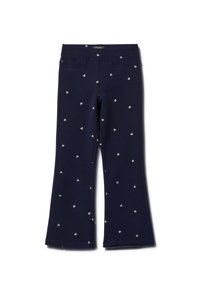 Marineblauwe wijde broek van zachte stof, met een verspreid patroon van witte hartjes. Elastische tailleband, geen zichtbare zakken.