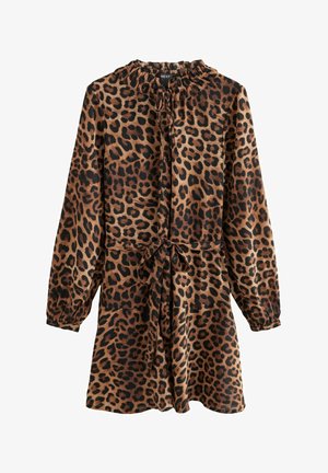 Abito con stampa leopardata in marrone e nero, con maniche lunghe, scollatura arricciata e vita legata per una vestibilità regolabile.