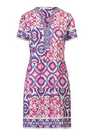 Short-sleeve dress with geometric and floral patterns in pink, purple, blue, and white, featuring a V-neck with decorative trim.