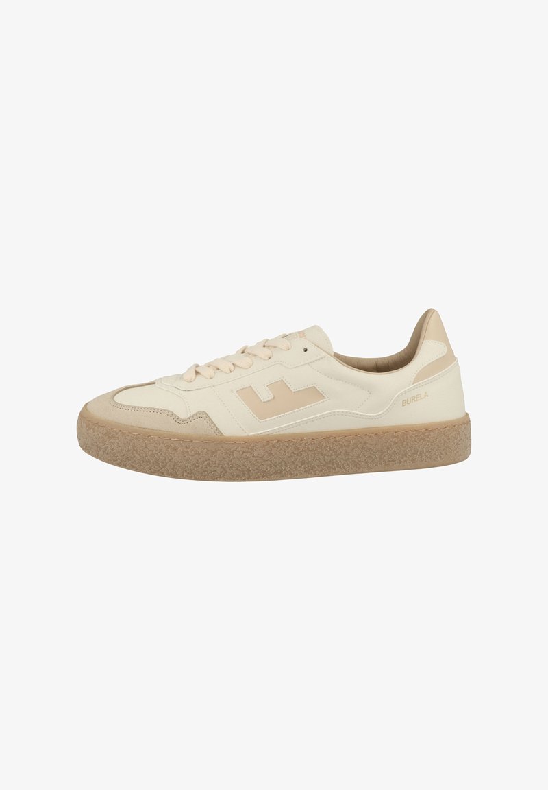 Cream-colored sneaker with a textured beige sole, featuring laces, logo accent, and a smooth upper with subtle overlays.