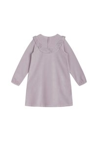 Lila Langarmkleid aus weichem Stoff, mit einem Rüschkragen und einem Rückenverschluss. Einfaches A-Linien-Design, glatte Textur.